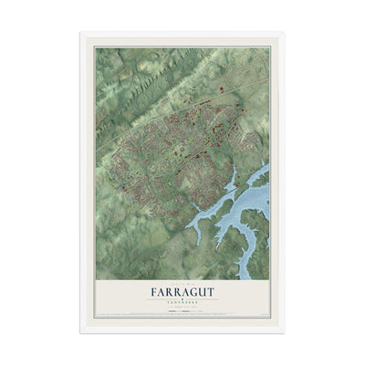 Map of Farragut, Tennessee, 12 x 18 inch print in a white wood frame