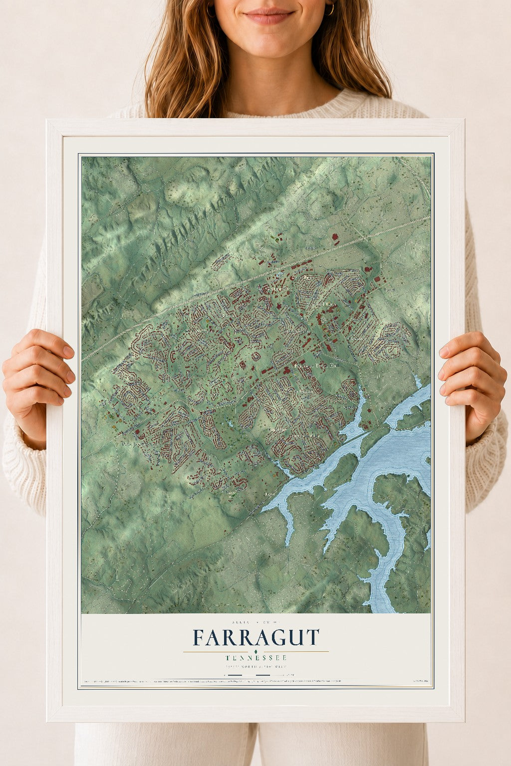 Map of Farragut, Tennessee, 18 x 24 inch print in a white wood frame