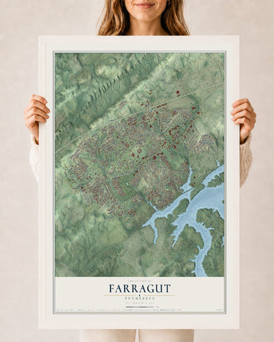 Map of Farragut, Tennessee, 24 x 36 inch print in a white wood frame
