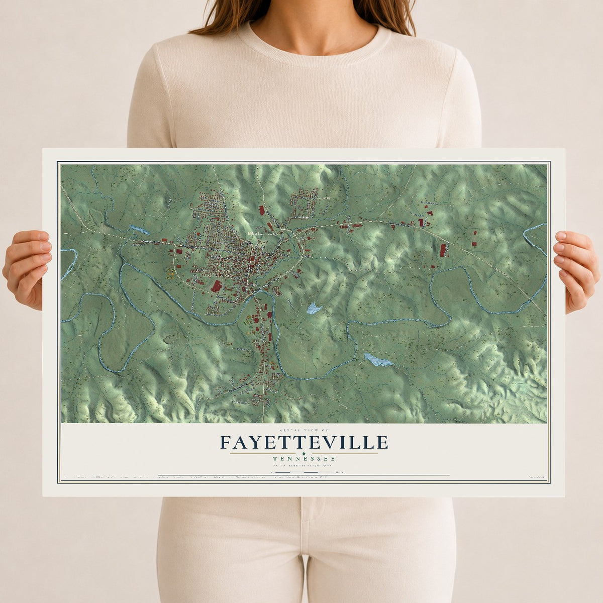 Map of Fayetteville, Tennessee, 12 x 18 inch unframed archival matte print