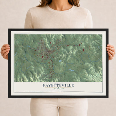Map of Fayetteville, Tennessee, 12 x 18 inch print in a black wood frame