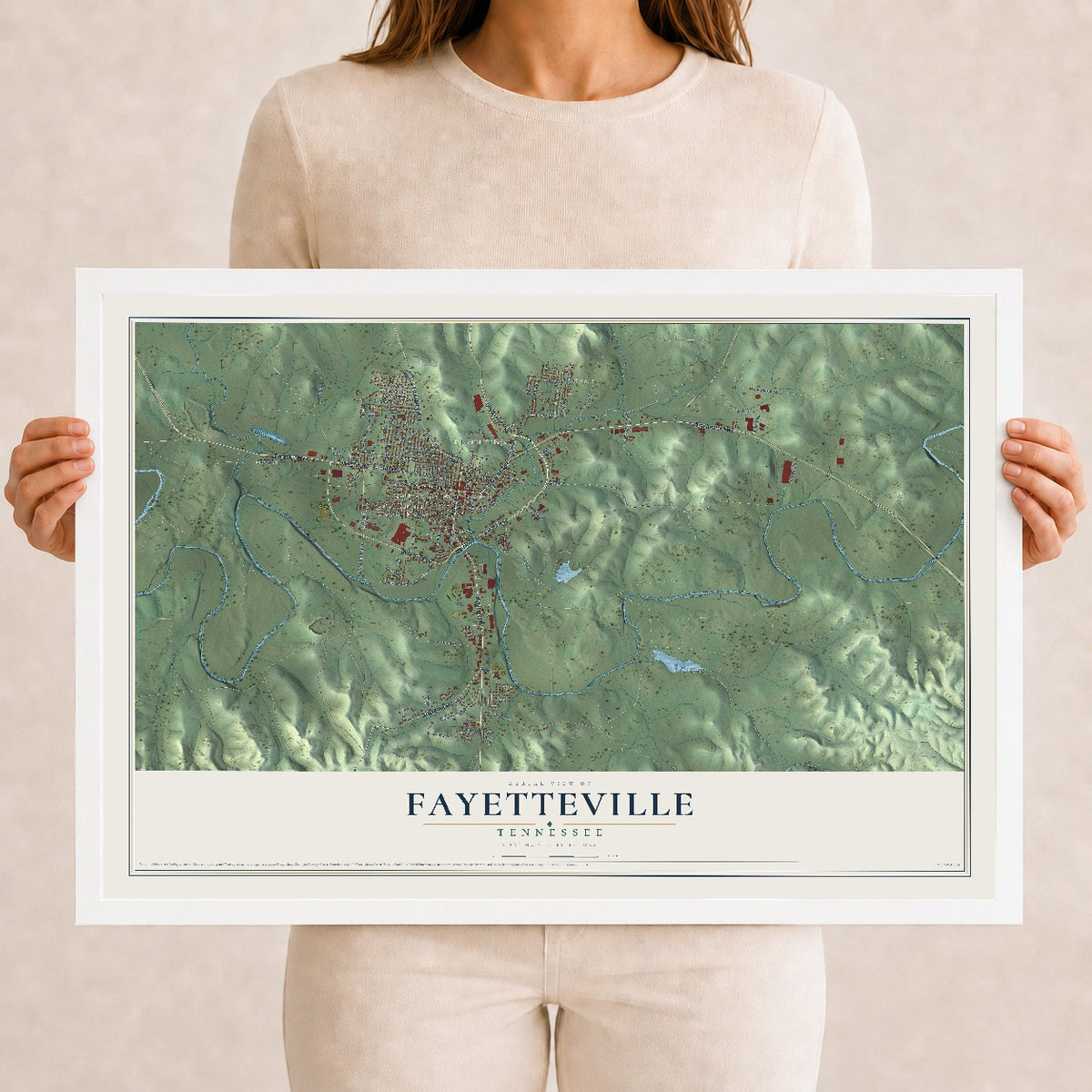 Map of Fayetteville, Tennessee, 12 x 18 inch print in a white wood frame