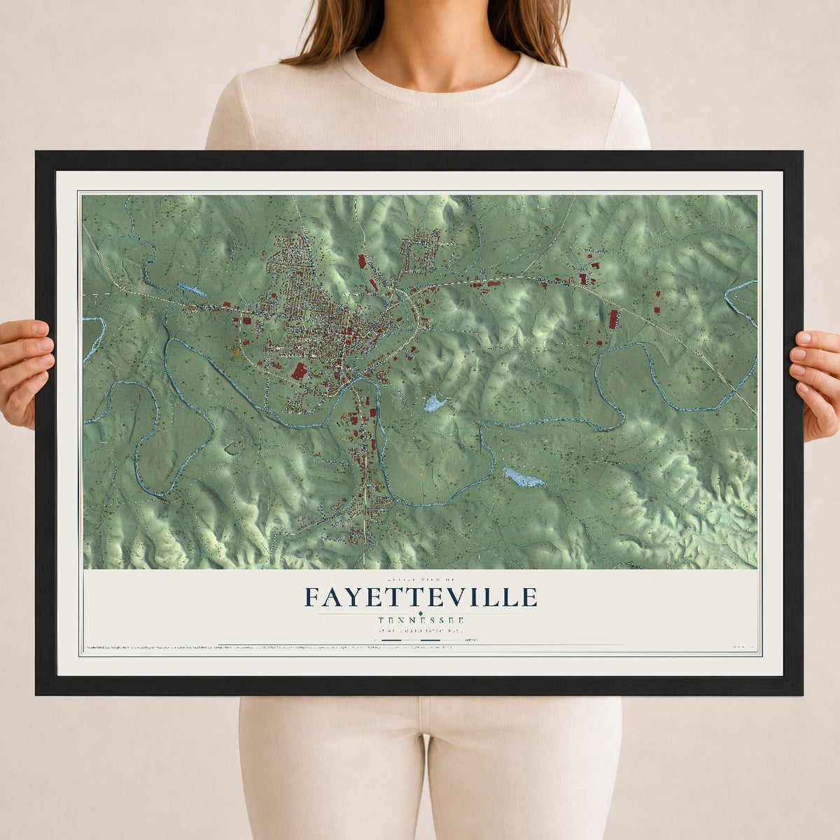 Map of Fayetteville, Tennessee, 18 x 24 inch print in a black wood frame