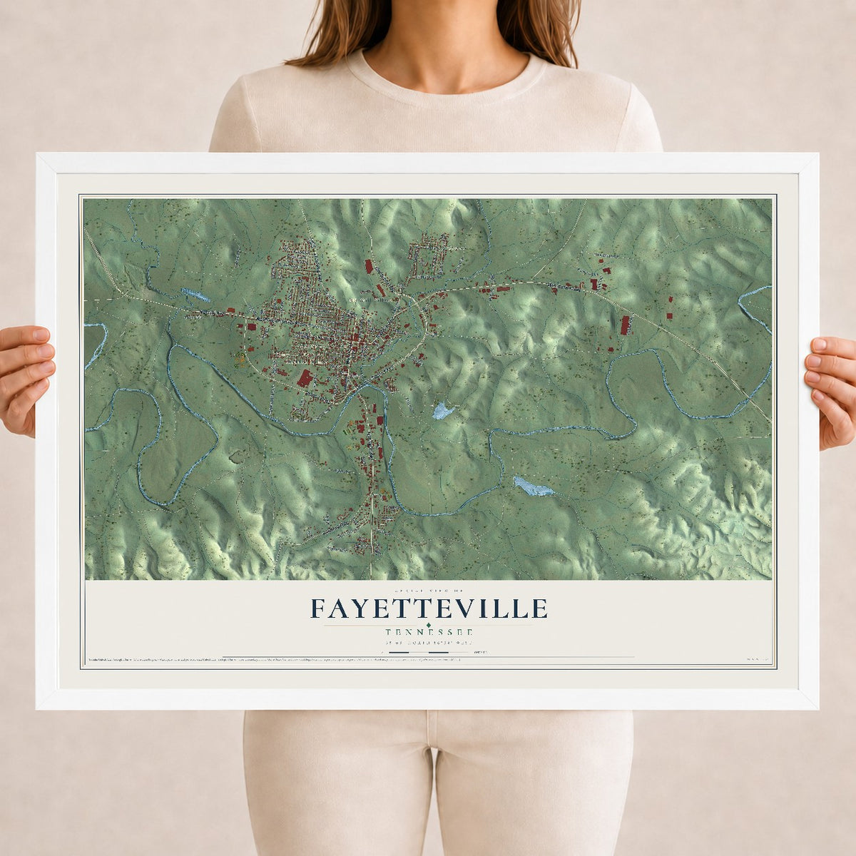 Map of Fayetteville, Tennessee, 18 x 24 inch print in a white wood frame