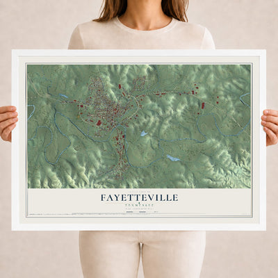 Map of Fayetteville, Tennessee, 18 x 24 inch print in a white wood frame