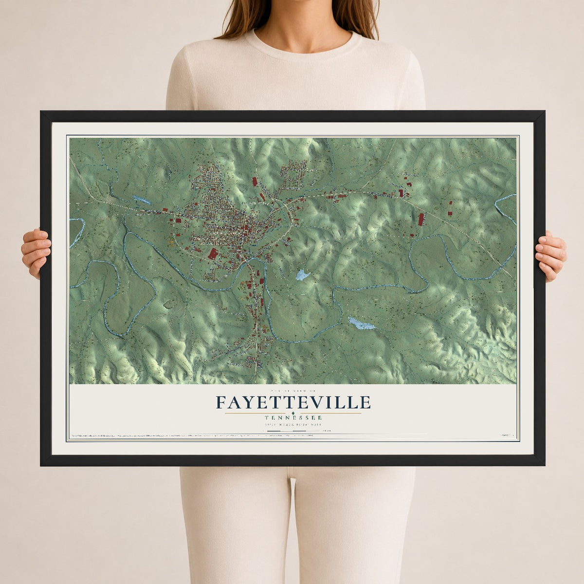 Map of Fayetteville, Tennessee, 24 x 36 inch print in a black wood frame