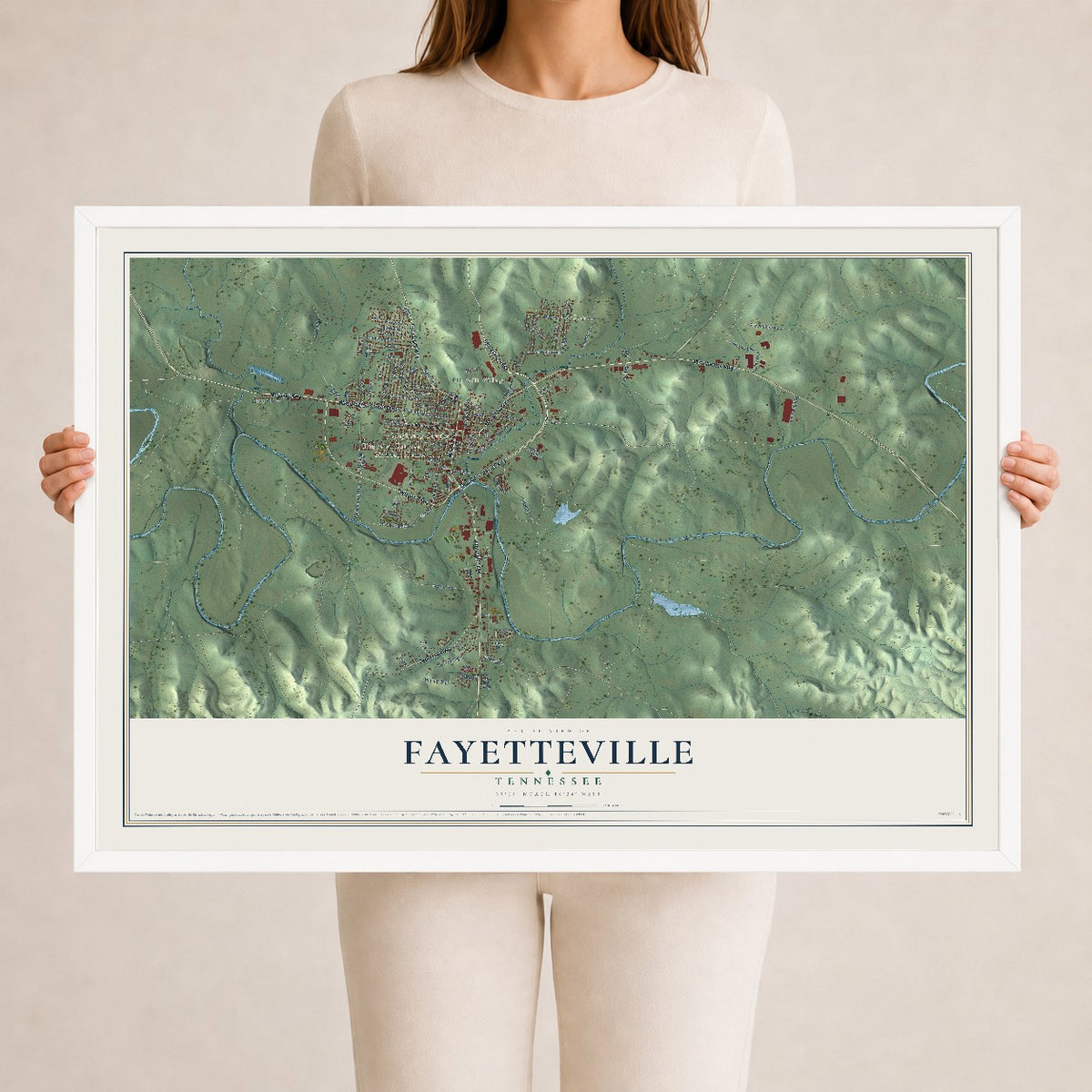 Map of Fayetteville, Tennessee, 24 x 36 inch print in a white wood frame