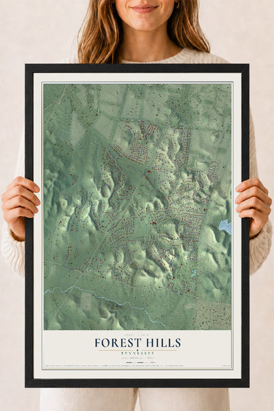 Map of Forest Hills, Tennessee, 18 x 24 inch print in a black wood frame