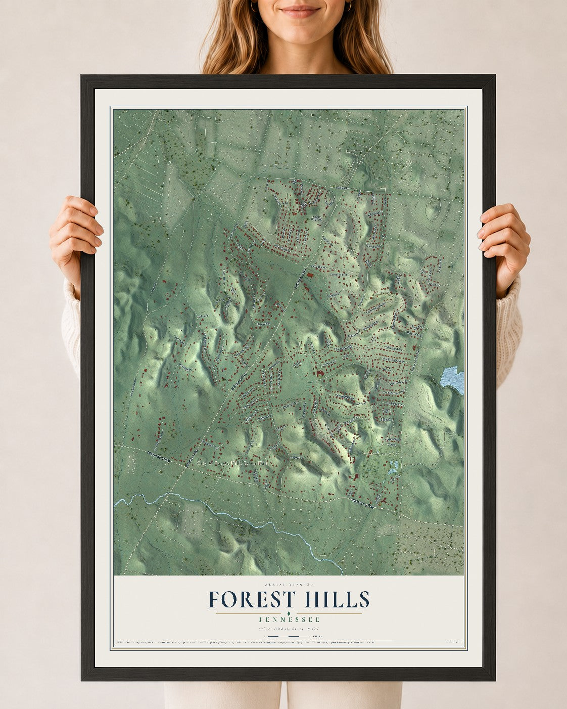 Map of Forest Hills, Tennessee, 24 x 36 inch print in a black wood frame