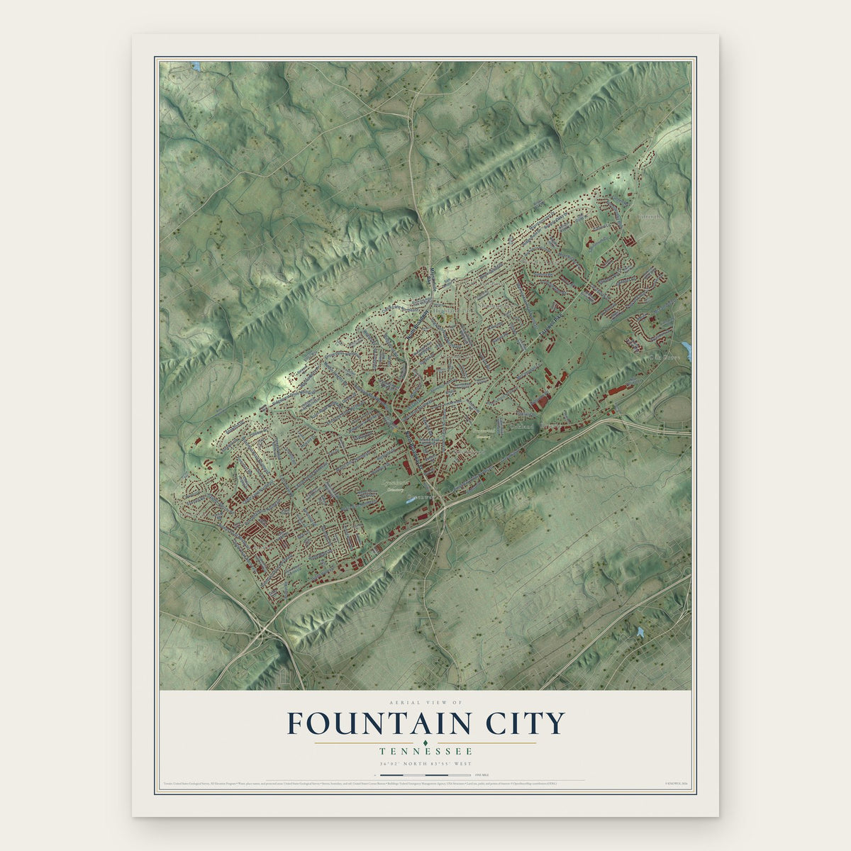 Fountain City, Tennessee map print, the full design