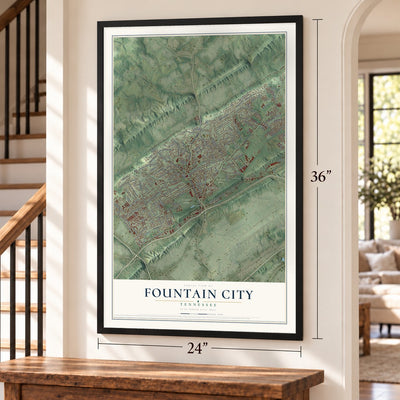 Fountain City, Tennessee map, 24 x 36 inch print in a black frame by a staircase