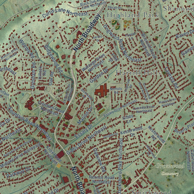 Close-up of the map of Fountain City, Tennessee print showing street and building detail