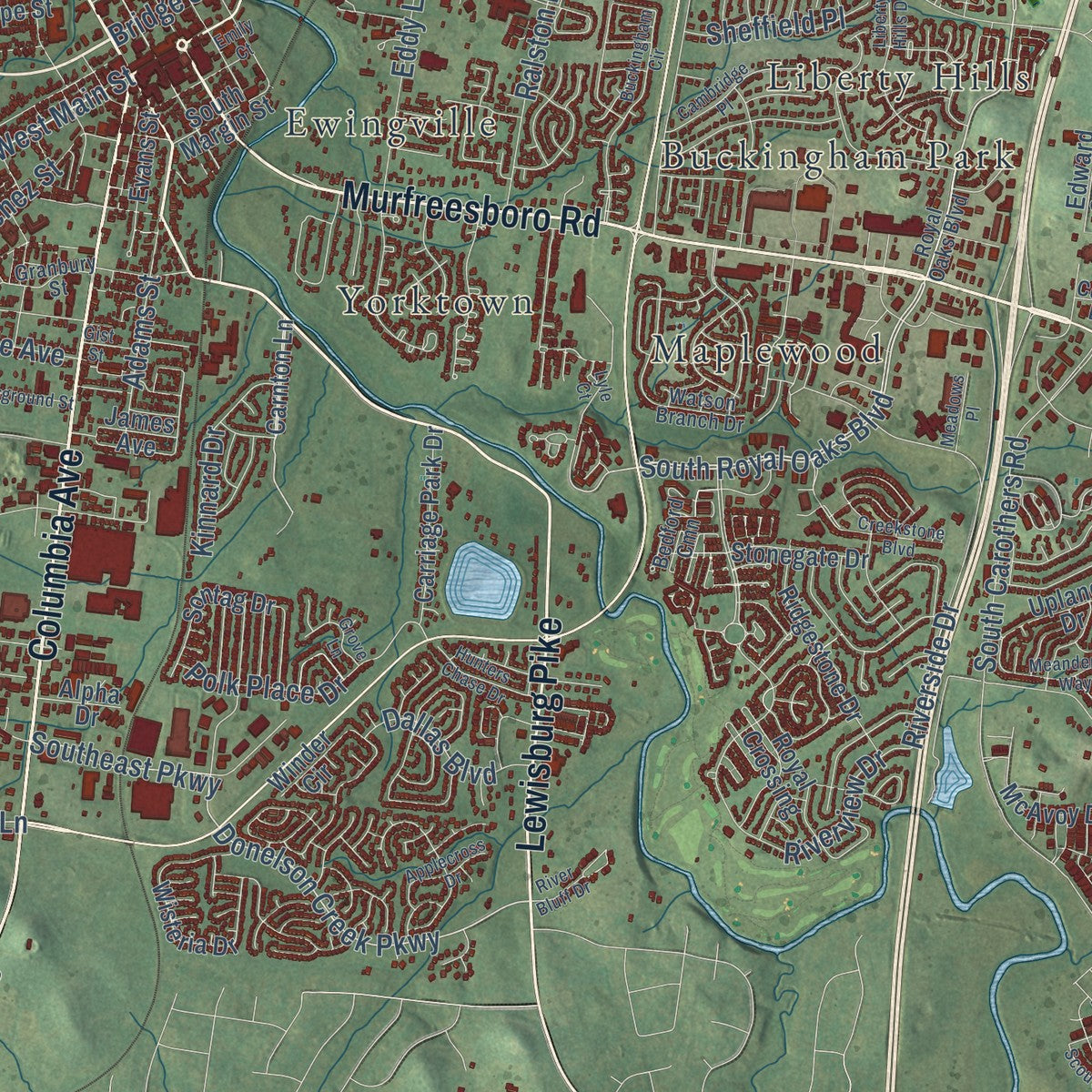 Close-up of the map of Franklin, Tennessee print showing street and building detail