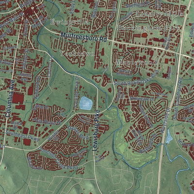 Close-up of the map of Franklin, Tennessee print showing street and building detail