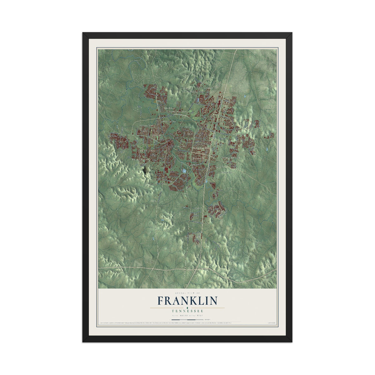 Map of Franklin, Tennessee, 12 x 18 inch print in a black wood frame
