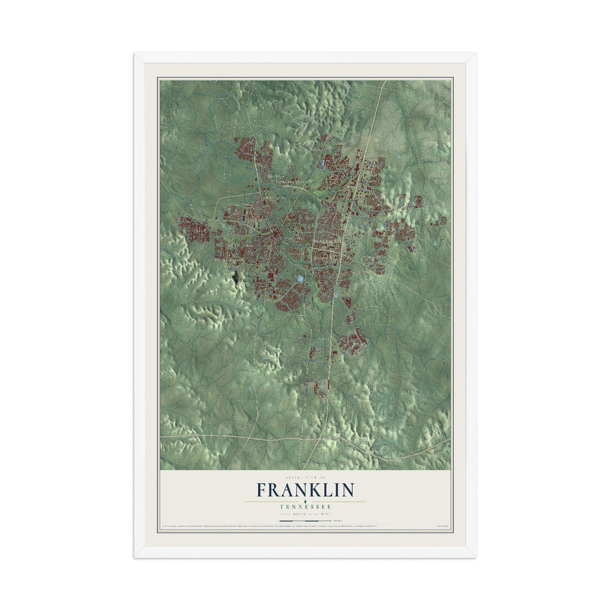 Map of Franklin, Tennessee, 12 x 18 inch print in a white wood frame