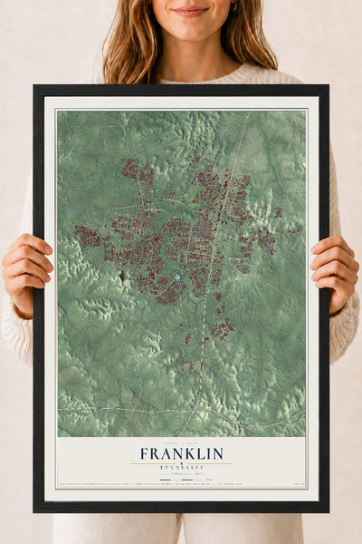 Map of Franklin, Tennessee, 18 x 24 inch print in a black wood frame