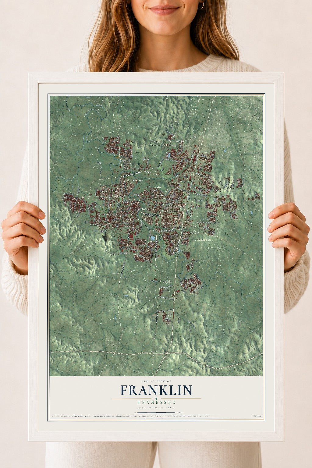 Map of Franklin, Tennessee, 18 x 24 inch print in a white wood frame