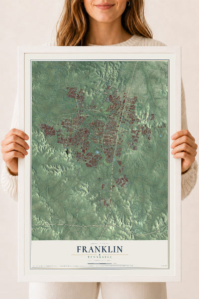 Map of Franklin, Tennessee, 18 x 24 inch print in a white wood frame
