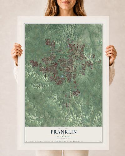 Map of Franklin, Tennessee, 24 x 36 inch print in a white wood frame