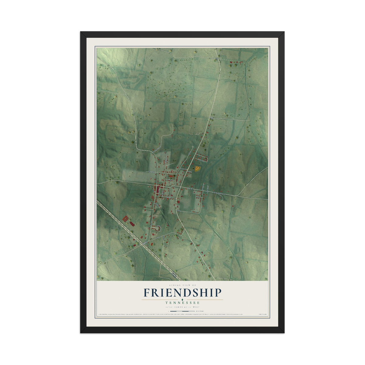 Map of Friendship, Tennessee, 12 x 18 inch print in a black wood frame