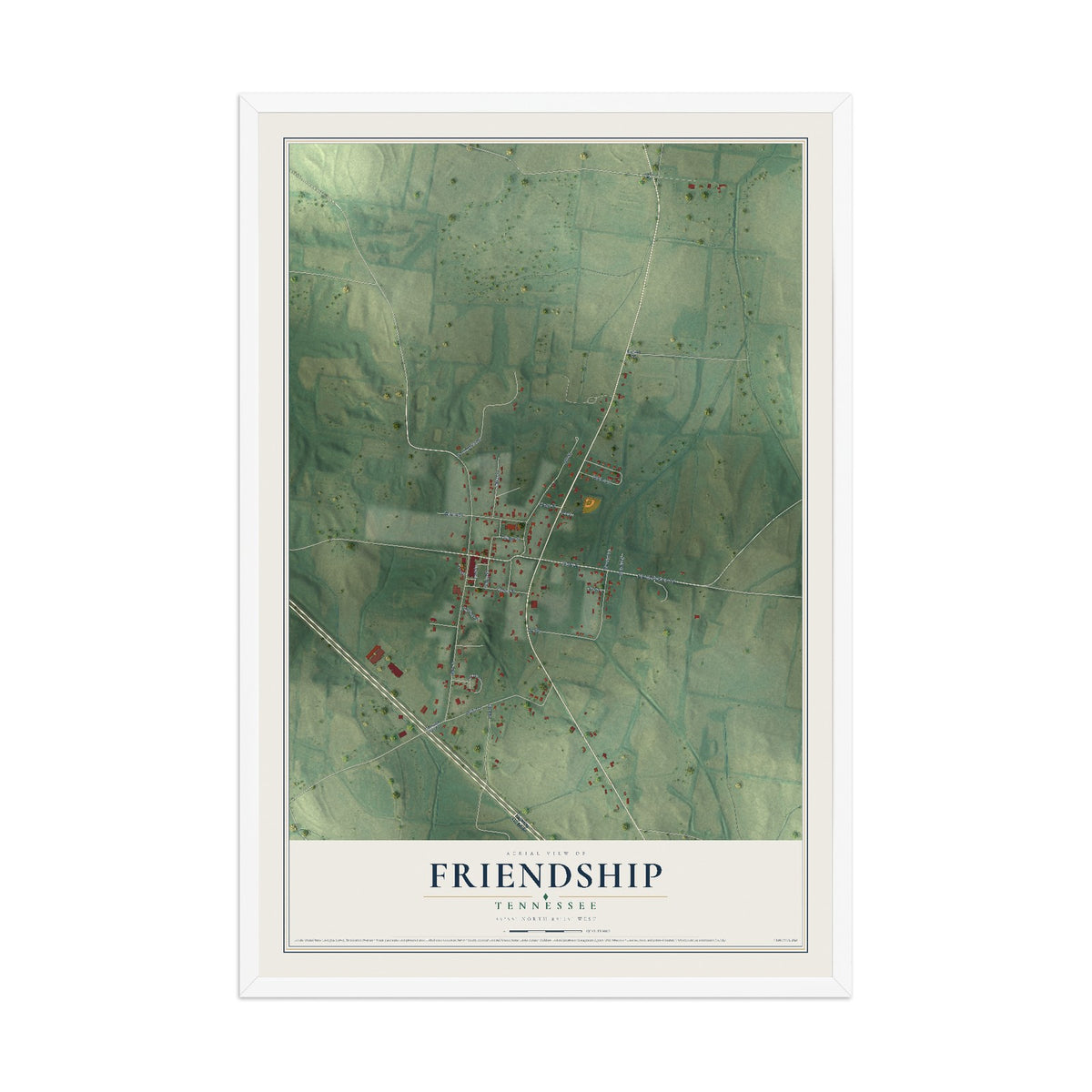 Map of Friendship, Tennessee, 12 x 18 inch print in a white wood frame