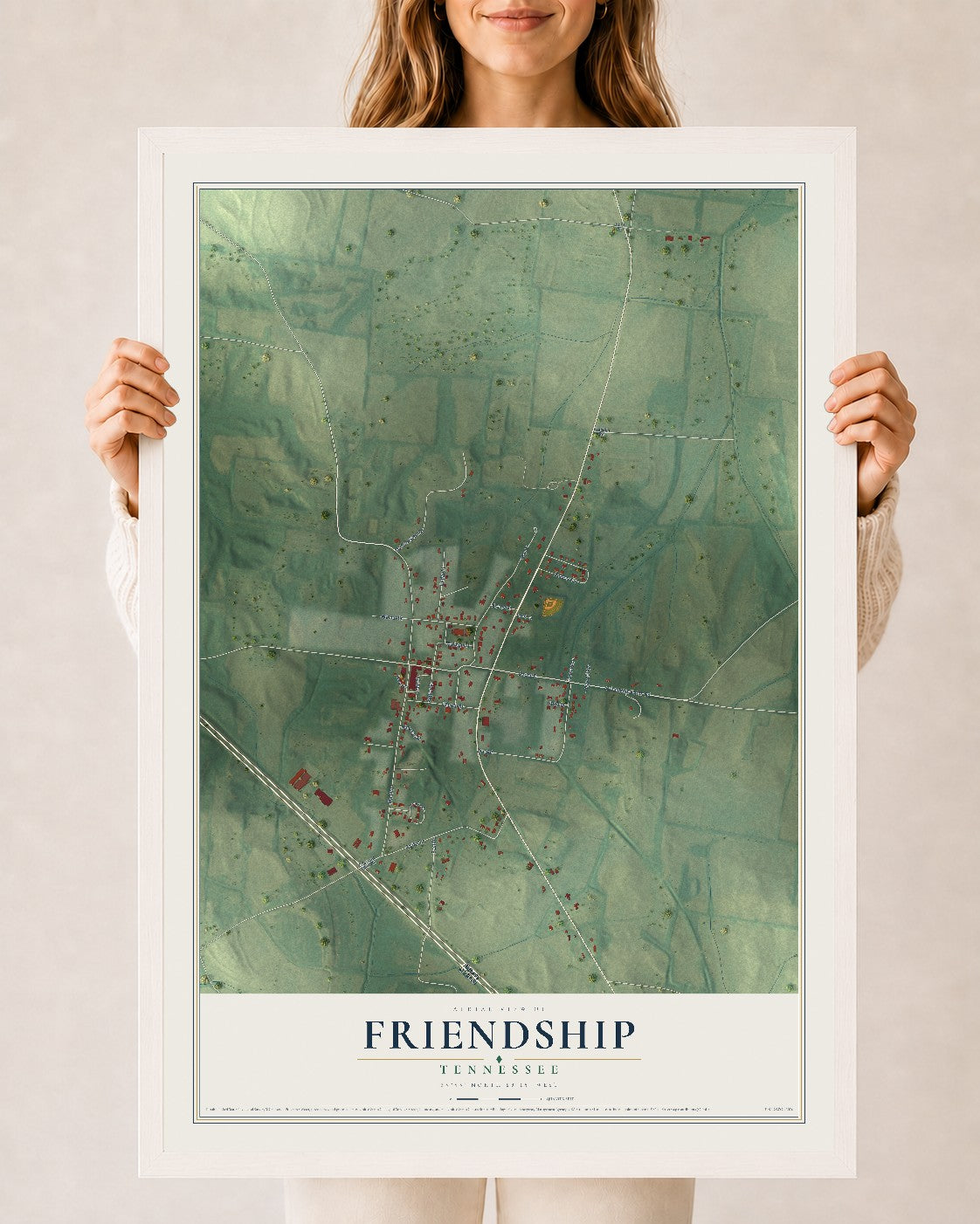 Map of Friendship, Tennessee, 24 x 36 inch print in a white wood frame