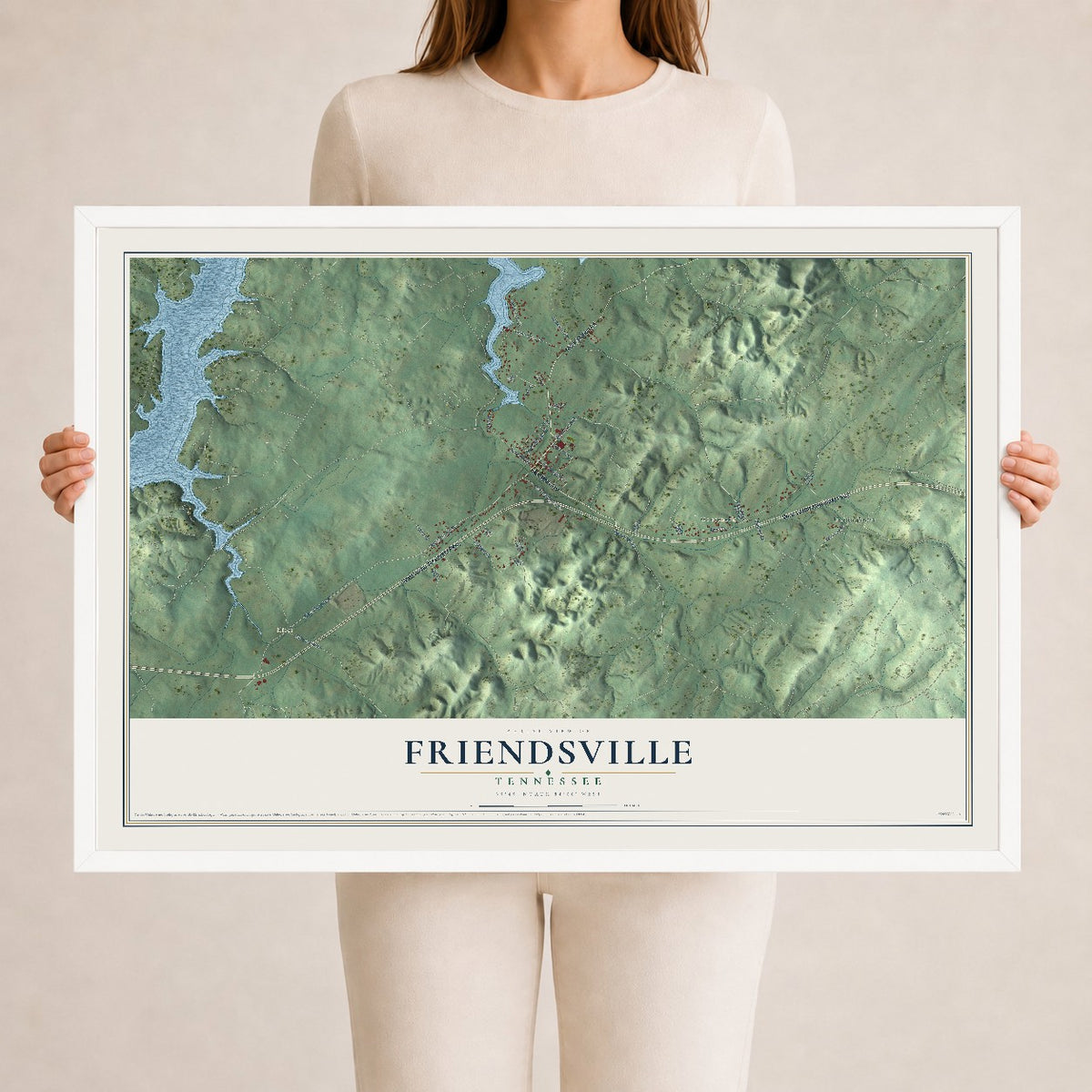 Map of Friendsville, Tennessee, 24 x 36 inch print in a white wood frame