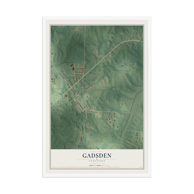Map of Gadsden, Tennessee, 12 x 18 inch print in a white wood frame