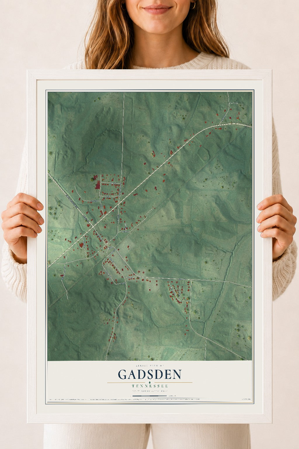 Map of Gadsden, Tennessee, 18 x 24 inch print in a white wood frame