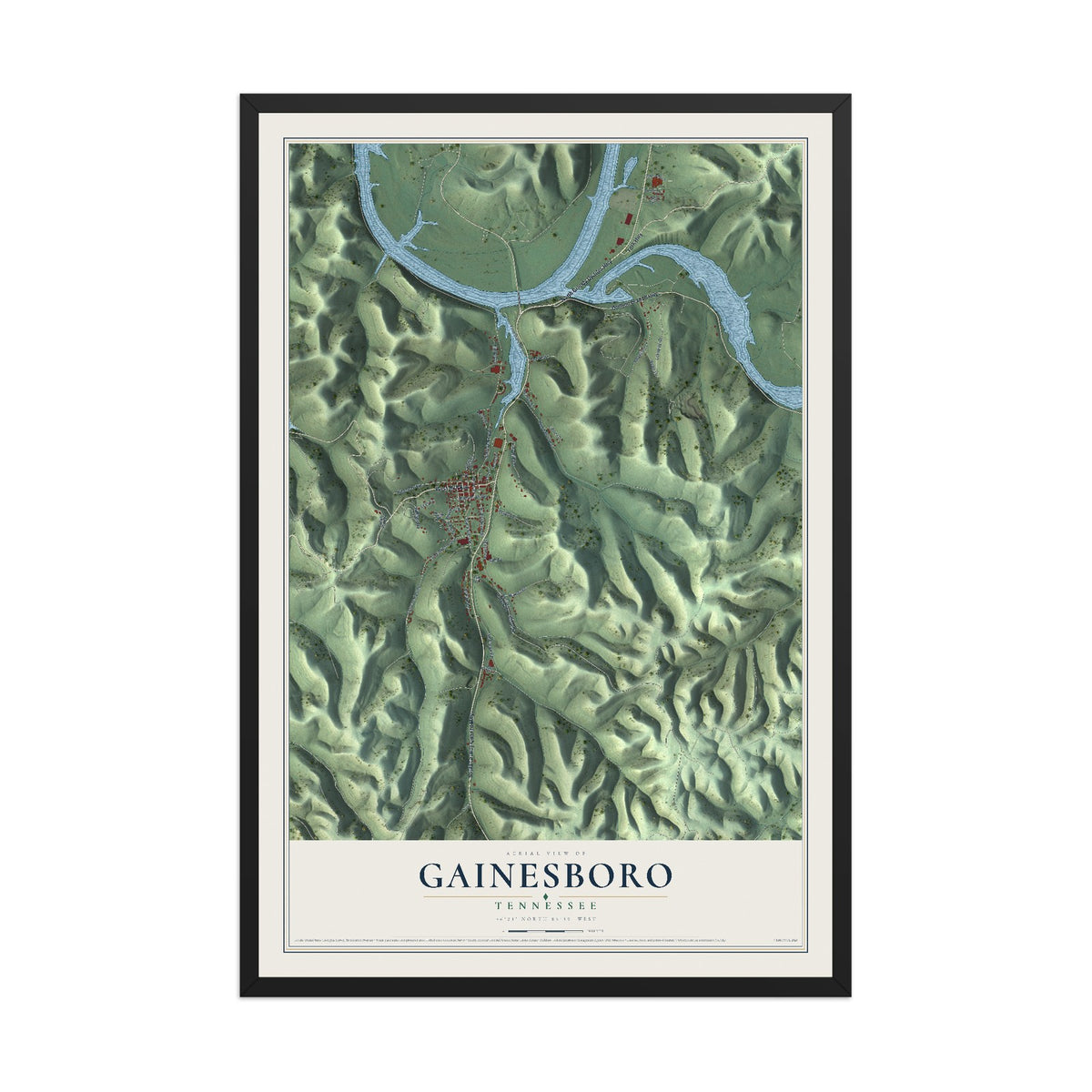 Map of Gainesboro, Tennessee, 12 x 18 inch print in a black wood frame