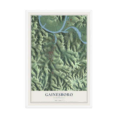 Map of Gainesboro, Tennessee, 12 x 18 inch print in a white wood frame