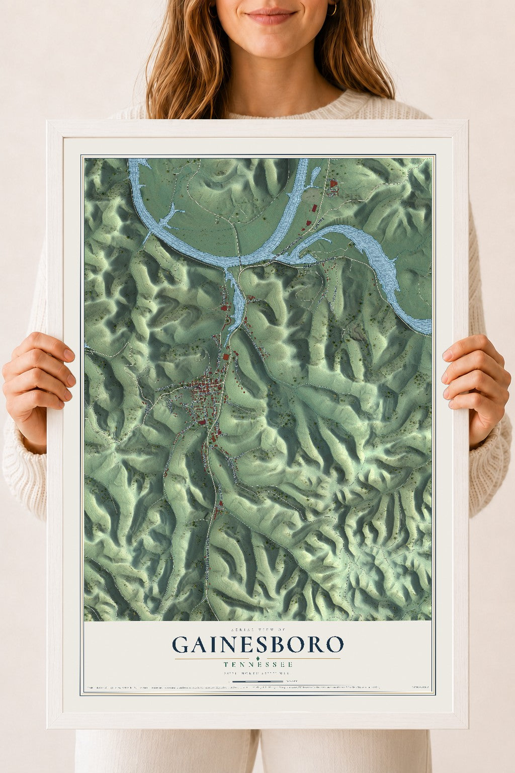 Map of Gainesboro, Tennessee, 18 x 24 inch print in a white wood frame
