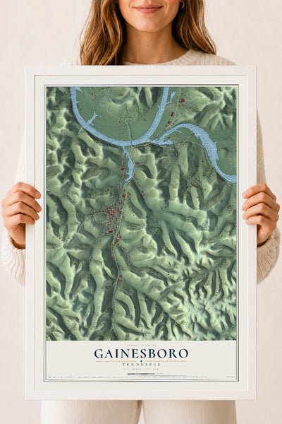 Map of Gainesboro, Tennessee, 18 x 24 inch print in a white wood frame