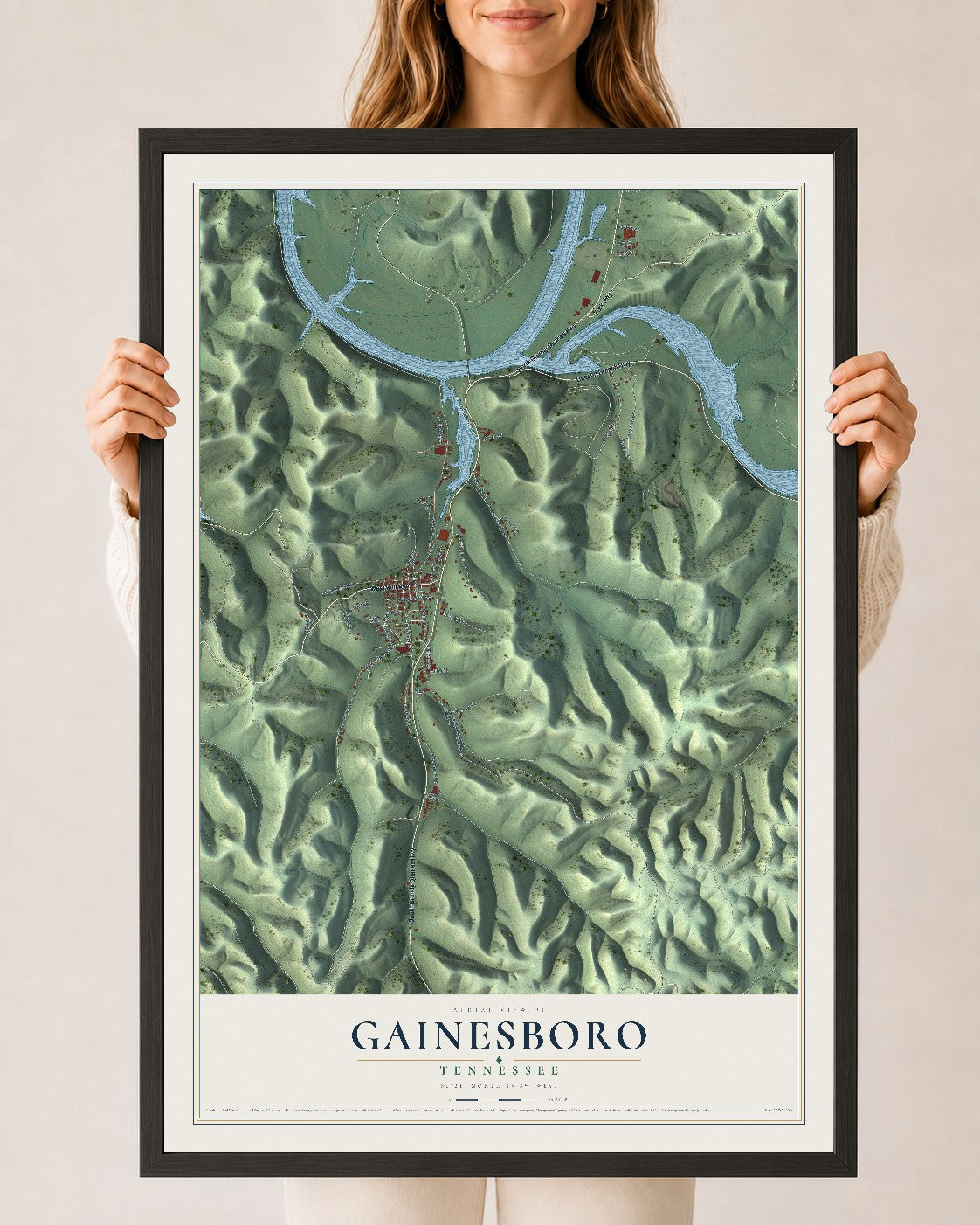 Map of Gainesboro, Tennessee, 24 x 36 inch print in a black wood frame