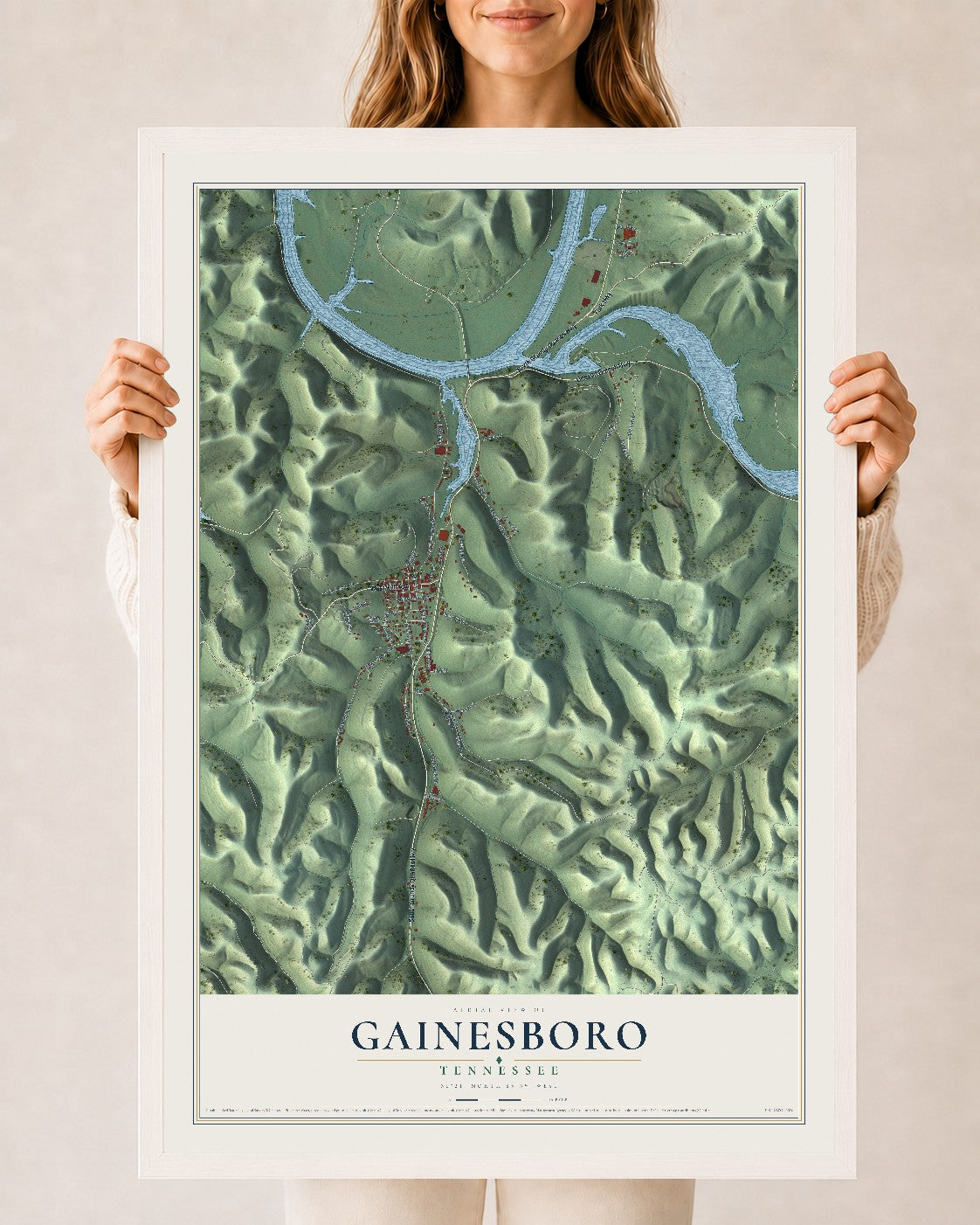 Map of Gainesboro, Tennessee, 24 x 36 inch print in a white wood frame