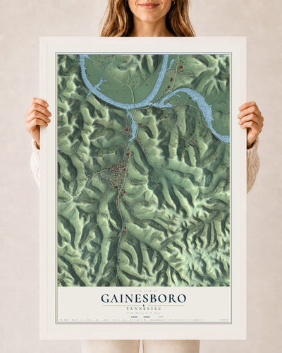 Map of Gainesboro, Tennessee, 24 x 36 inch print in a white wood frame