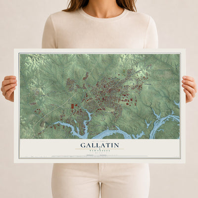 Map of Gallatin, Tennessee, 12 x 18 inch unframed archival matte print