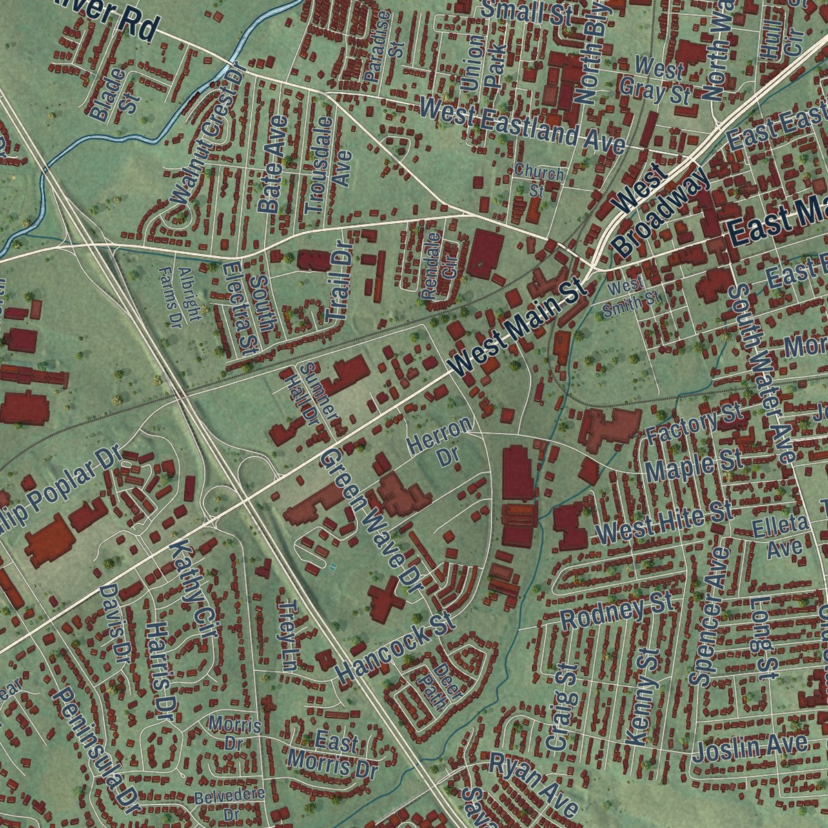 Close-up of the map of Gallatin, Tennessee print showing street and building detail
