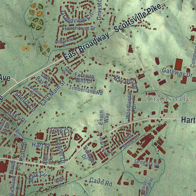 Second close-up of the map of Gallatin, Tennessee print showing more streets and buildings