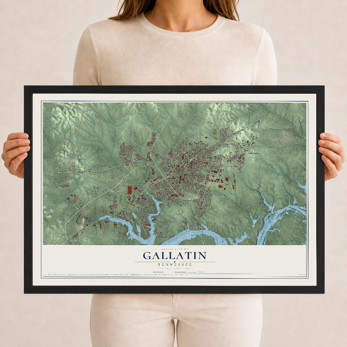 Map of Gallatin, Tennessee, 12 x 18 inch print in a black wood frame