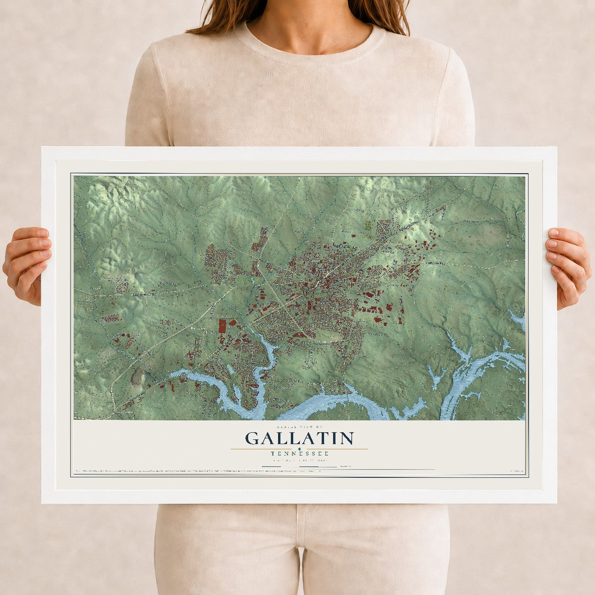 Map of Gallatin, Tennessee, 12 x 18 inch print in a white wood frame