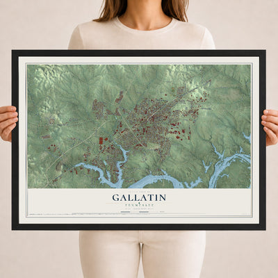 Map of Gallatin, Tennessee, 18 x 24 inch print in a black wood frame