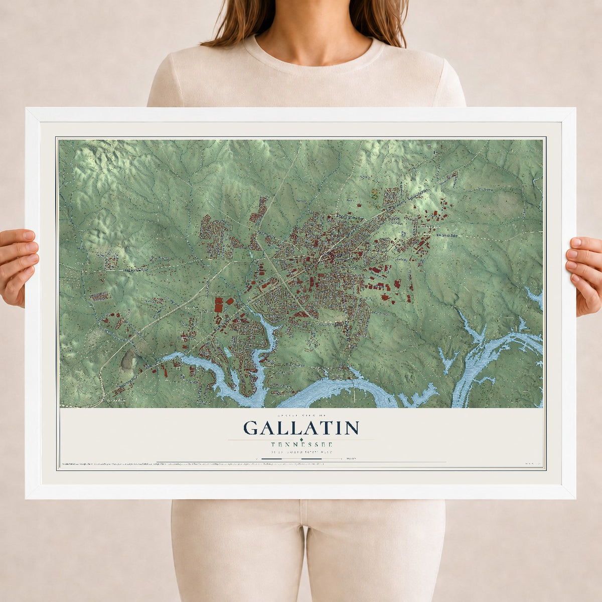 Map of Gallatin, Tennessee, 18 x 24 inch print in a white wood frame
