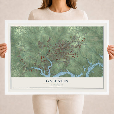 Map of Gallatin, Tennessee, 18 x 24 inch print in a white wood frame