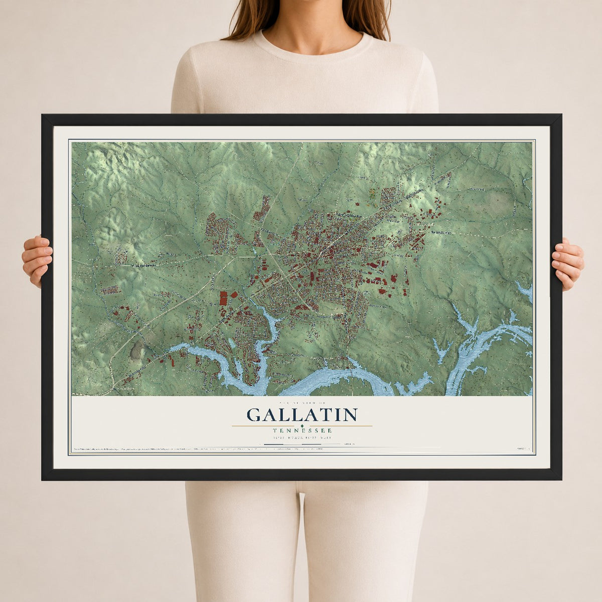 Map of Gallatin, Tennessee, 24 x 36 inch print in a black wood frame