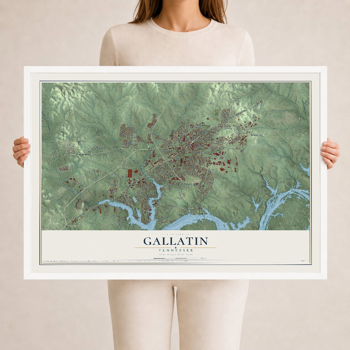 Map of Gallatin, Tennessee, 24 x 36 inch print in a white wood frame