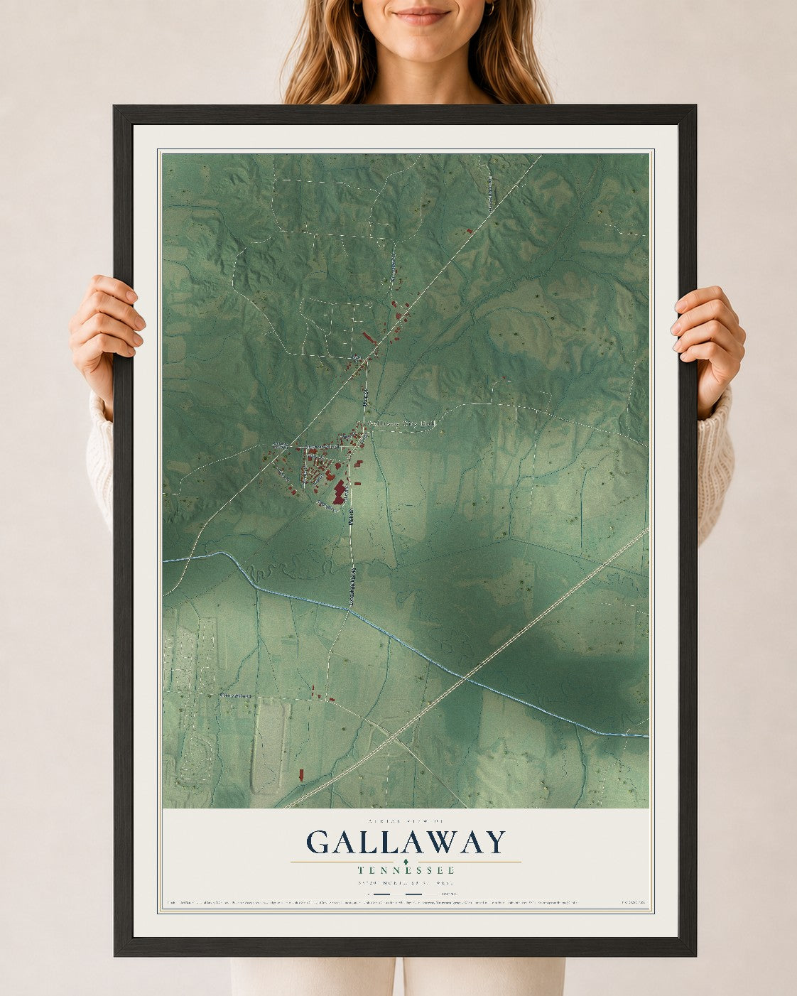 Map of Gallaway, Tennessee, 24 x 36 inch print in a black wood frame