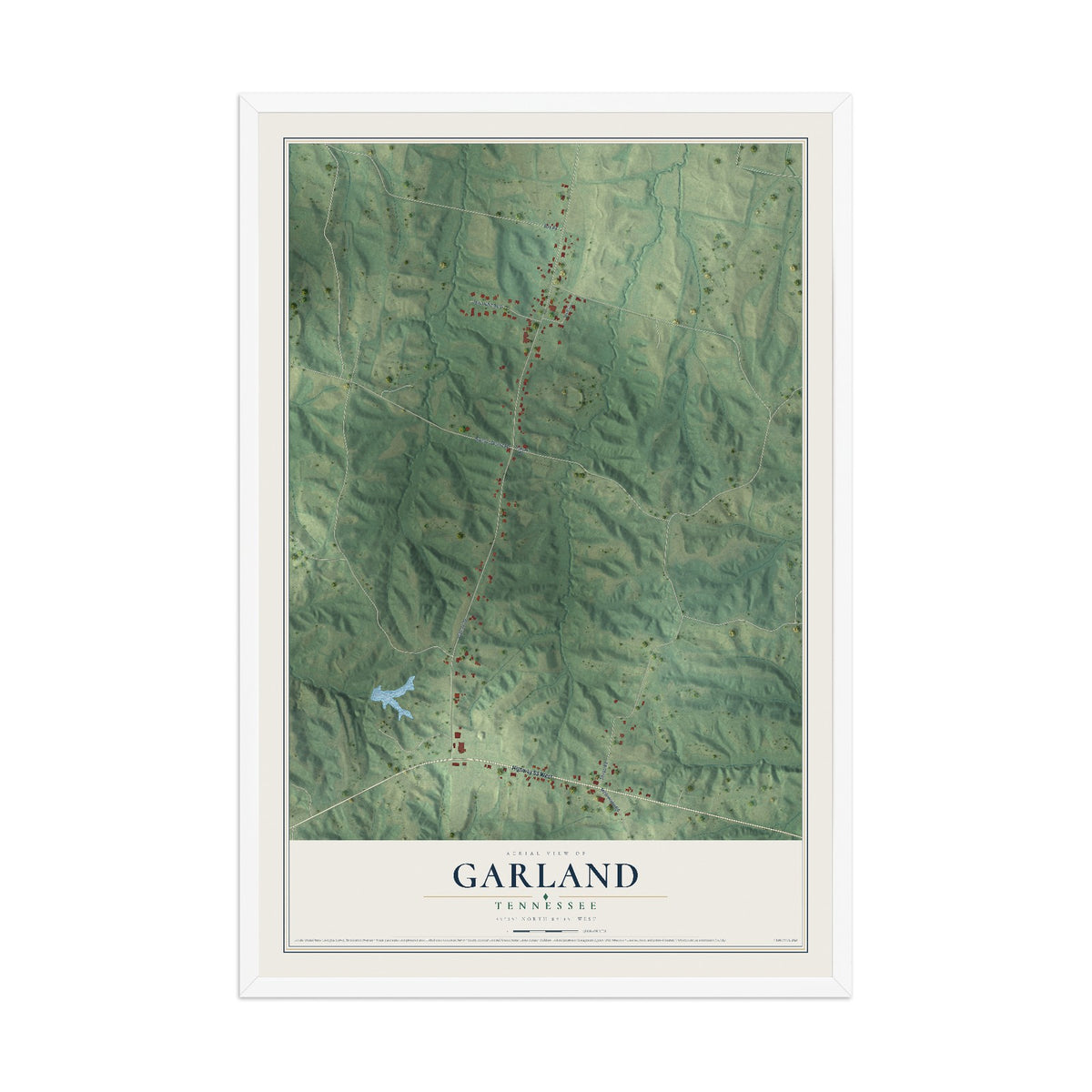 Map of Garland, Tennessee, 12 x 18 inch print in a white wood frame