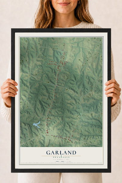 Map of Garland, Tennessee, 18 x 24 inch print in a black wood frame